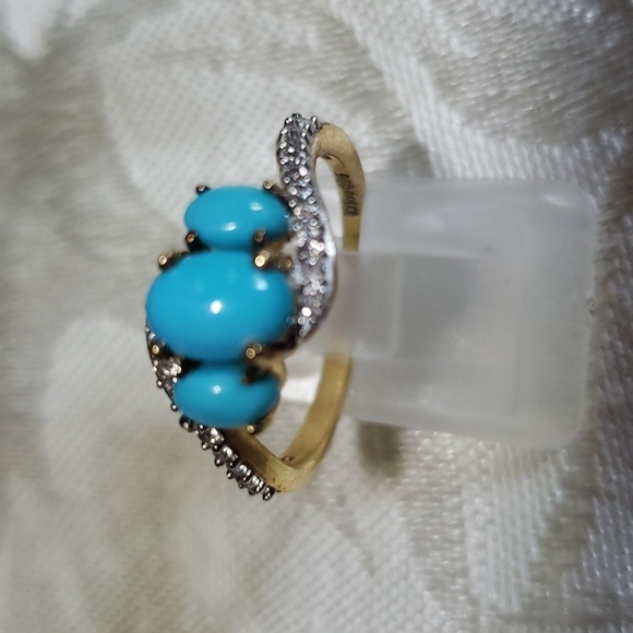 D'Joy Jewelry - Sleeping Beauty Turquoise 3 Stone Ring in Yellow Gold Over Sterling Silver
